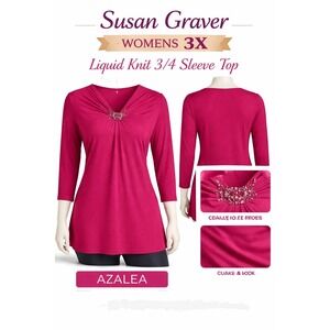 Susan Graver Liquid Knit 3/4 Sleeve Top Azalea Beaded V‎ Neck Womens 3X A235618